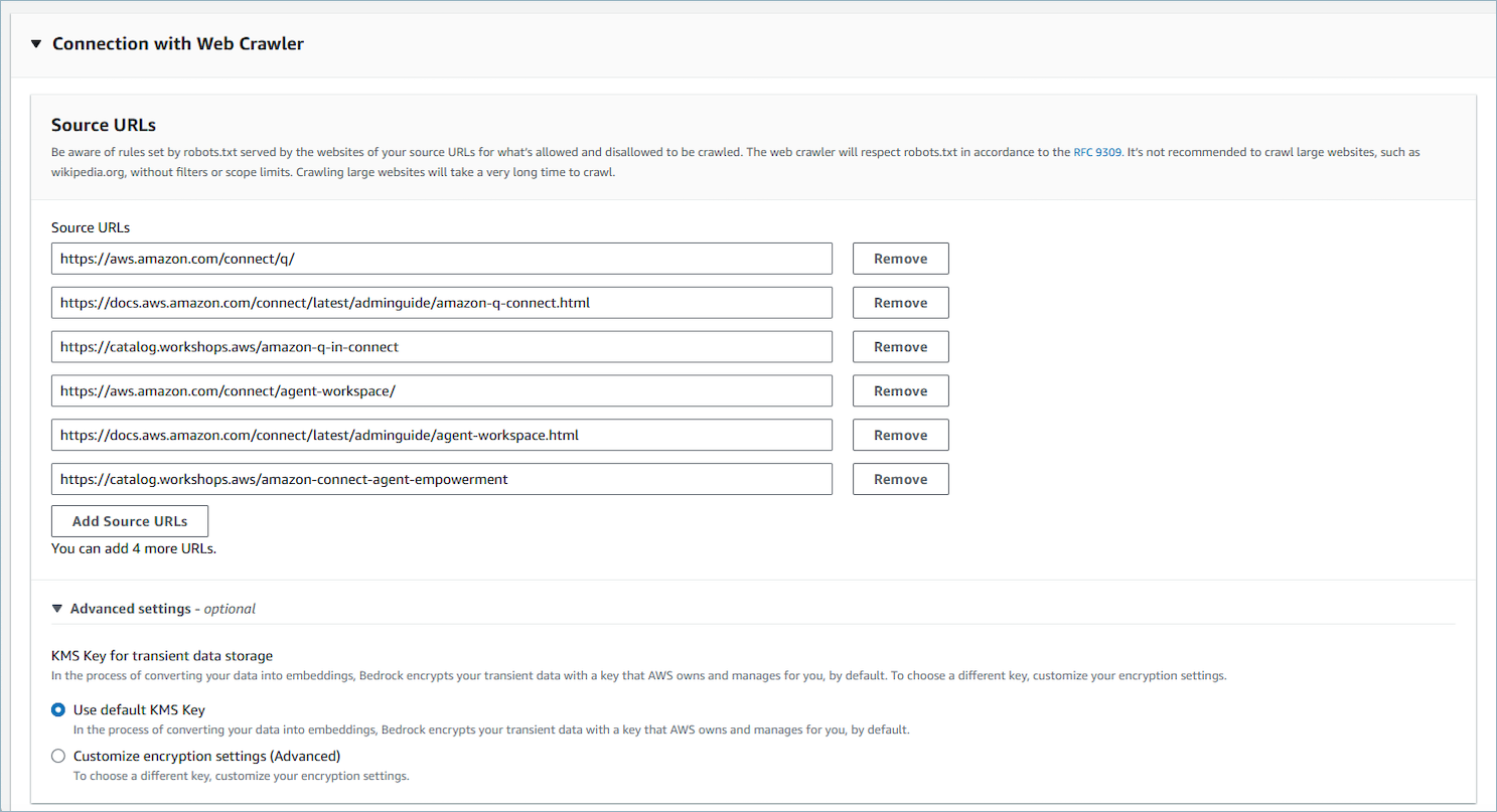 クロールする URLs を入力するフィールドを使用して Web Crawler 接続を設定するためのソース URLs セクション。