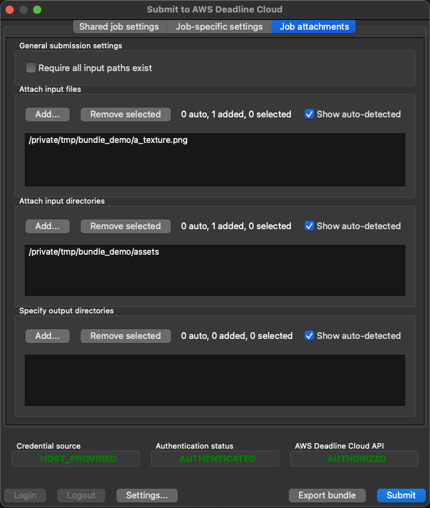 Deadline Cloud ジョブ送信 GUI のジョブアタッチメントペイン。入力ファイル /private/tmp/bundle_demo/a_texture.png と入力ディレクトリ /private/tmp/bundle_demo/assets を追加します。