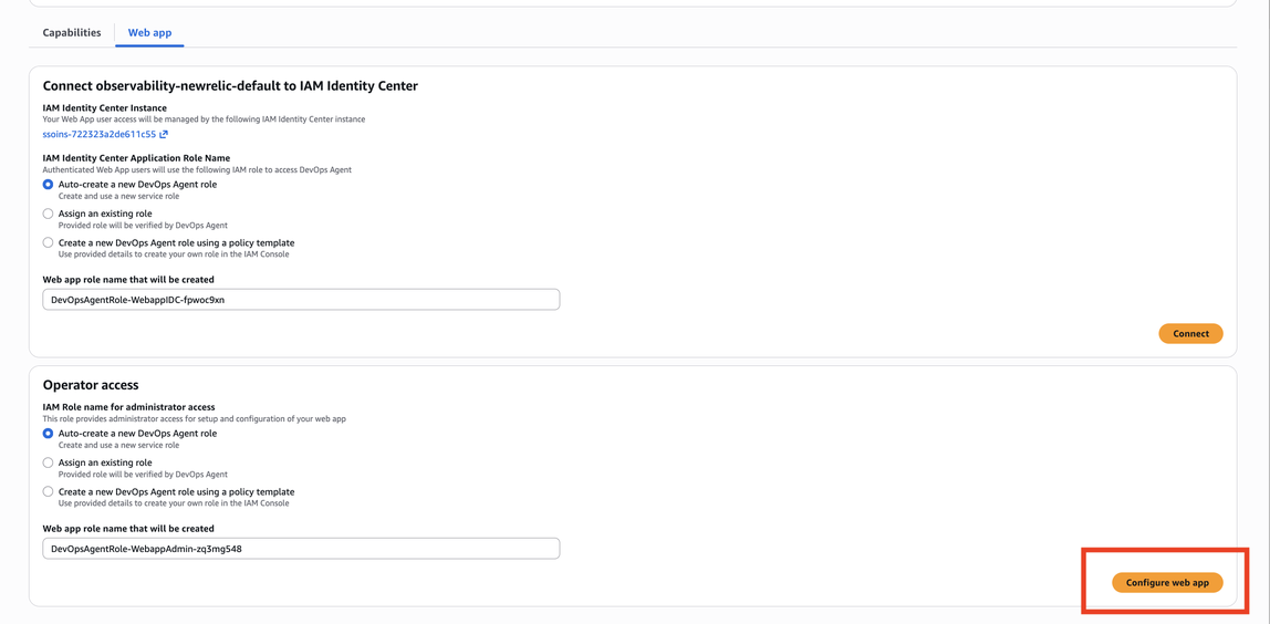 新しい AWS DevOps エージェントロールの自動作成オプションが選択されたオペレーターアクセスセクション。