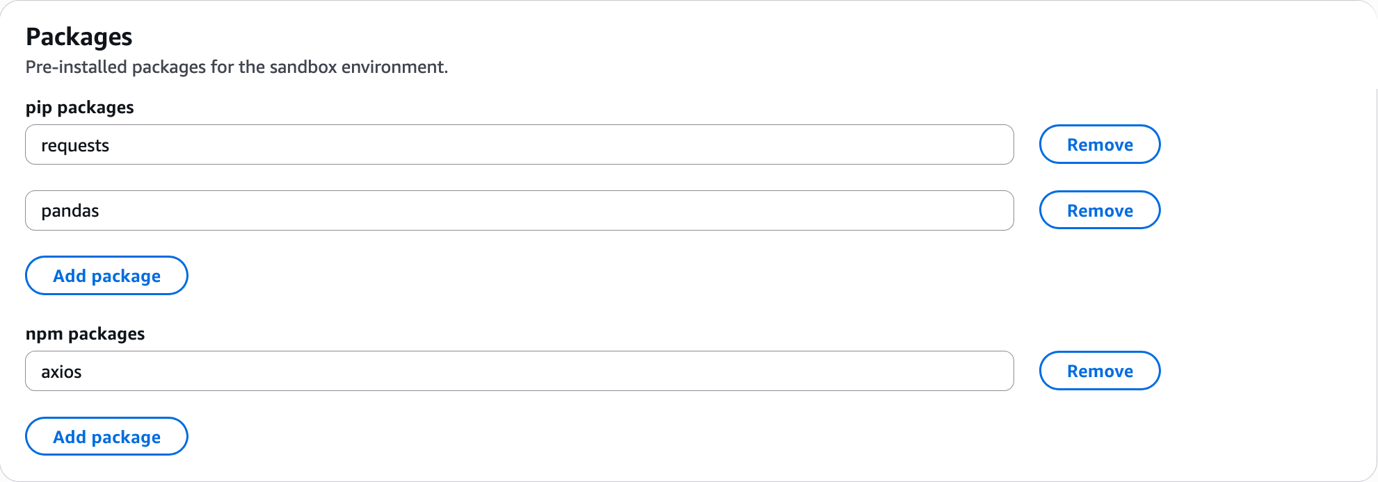 pip パッケージリクエスト、pandas、npm パッケージアキシオスを含むパッケージセクション。それぞれに Remove ボタンがあります。