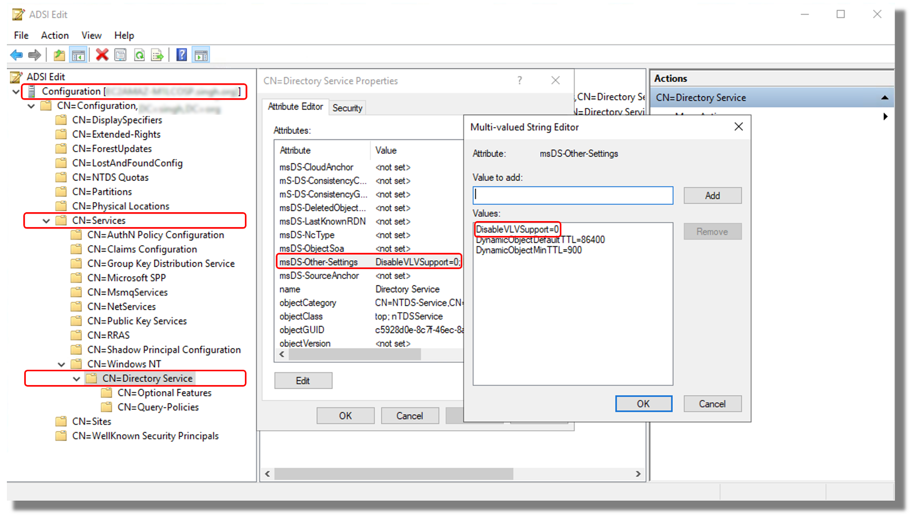 ADSI 複数値の文字列エディタと DisableVLVSupport=0 が強調表示された編集ダイアログボックス。