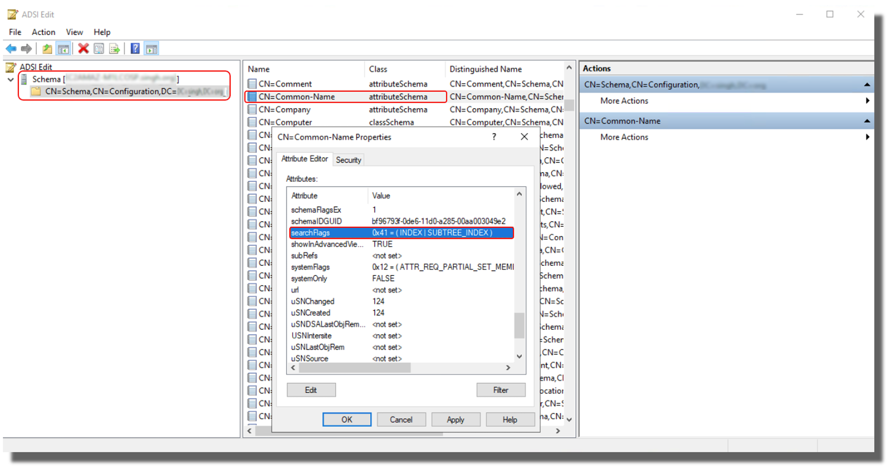 ADSI searchFlags 属性が強調表示された状態で編集ダイアログボックスが開きます。