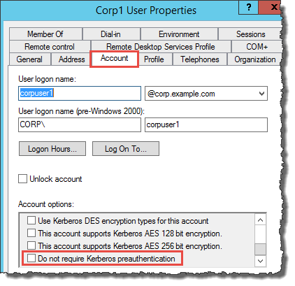「アカウント」オプションが表示された「Corp User Properties」ダイアログ・ボックスでは、「Kerberos 事前認証は不要」が強調表示されています。