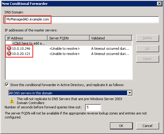 DNS サーバーの最大 IP アドレスが強調表示された新しい条件付きフォワーダーダイアログボックス。
