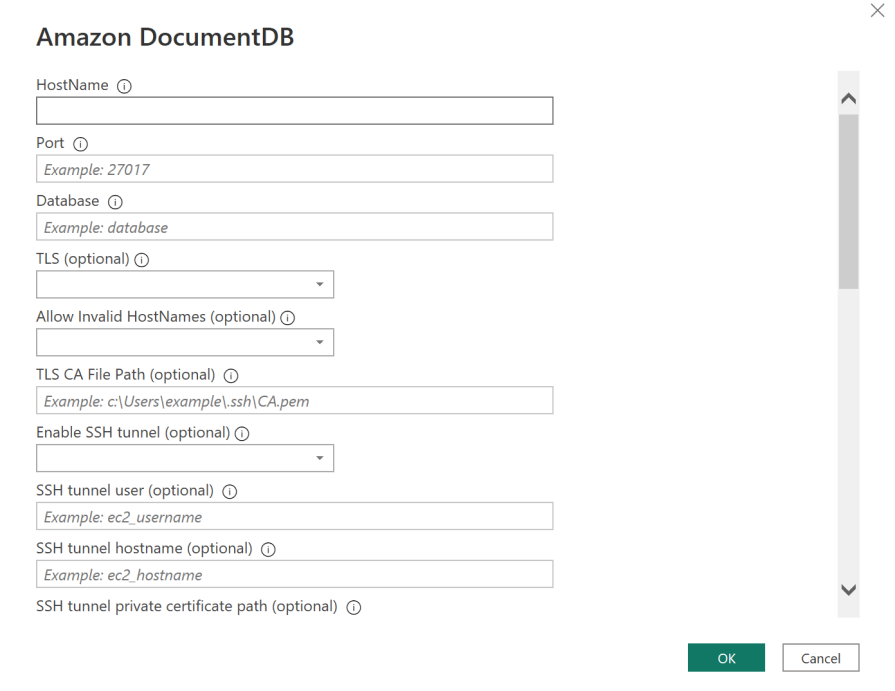 Amazon DocumentDB クラスターの接続詳細入力フィールドがあるフォーム。