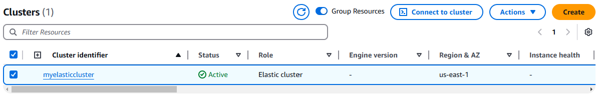 エラスティッククラスターを示す [Amazon DocumentDB クラスター管理] インターフェイス