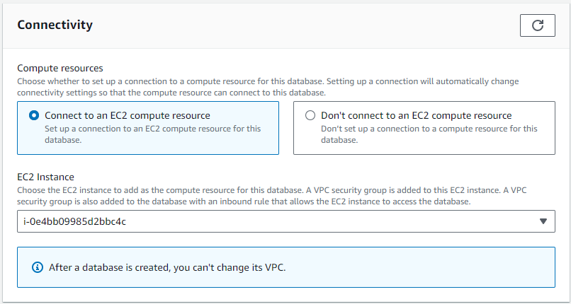 選択した EC2 コンピューティングリソースへの接続オプションがある接続インターフェイス。