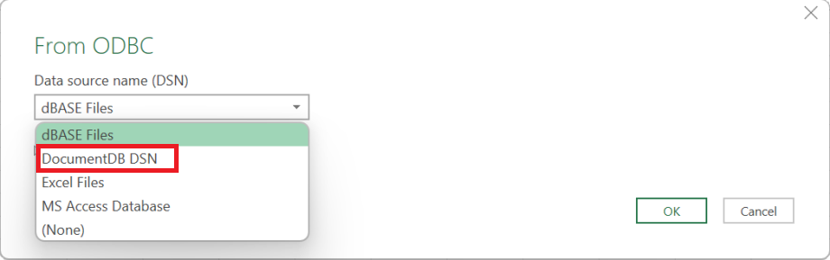 DocumentDB DSN オプションが選択されたデータソース名のドロップダウン。