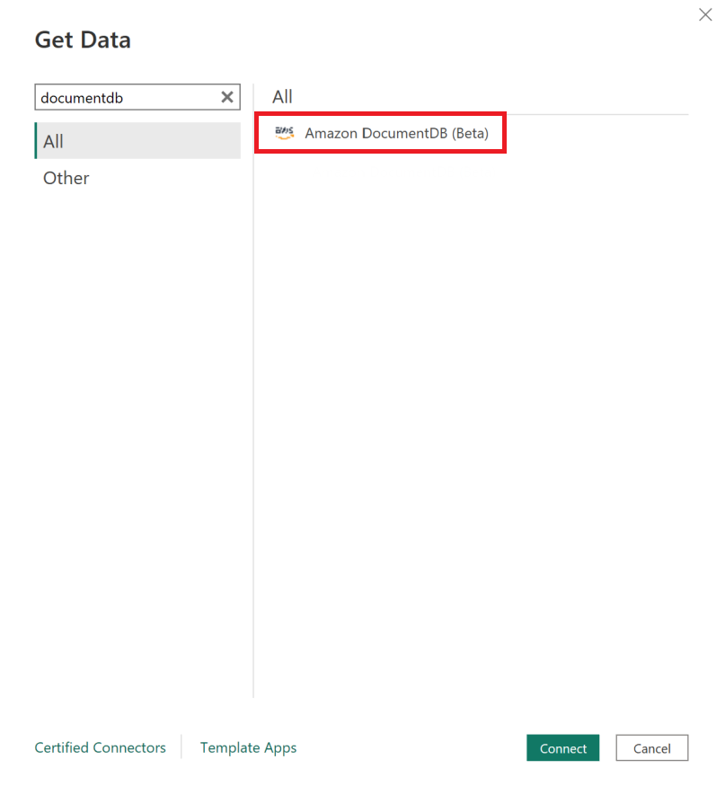 Amazon DocumentDB (ベータ) オプションが強調表示された [データを取得] インターフェイス。
