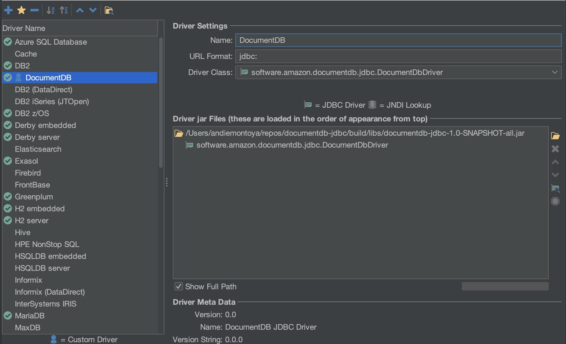 Amazon DocumentDB 名、URL 形式、およびドライバークラス設定が入力された DbVisualizer の [ドライバー設定] インターフェイス。