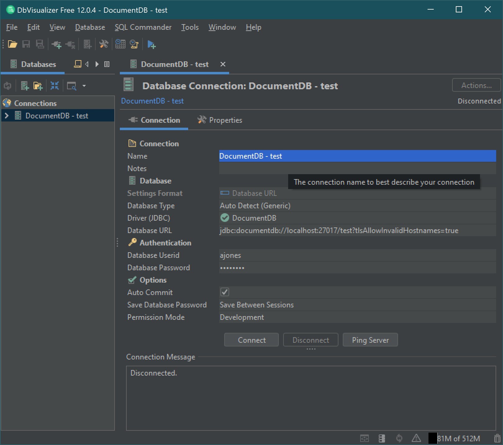 DocumentDB 設定を使用した [データベース接続] インターフェイス。