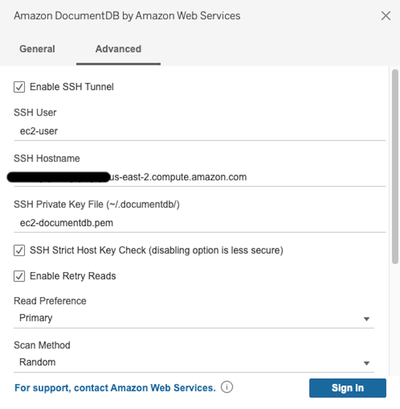 [SSH トンネルオプションを有効にする] が選択され、追加の SSH 入力フィールドが表示された Amazon DocumentDB コネクタインターフェイスの [詳細設定] タブ。