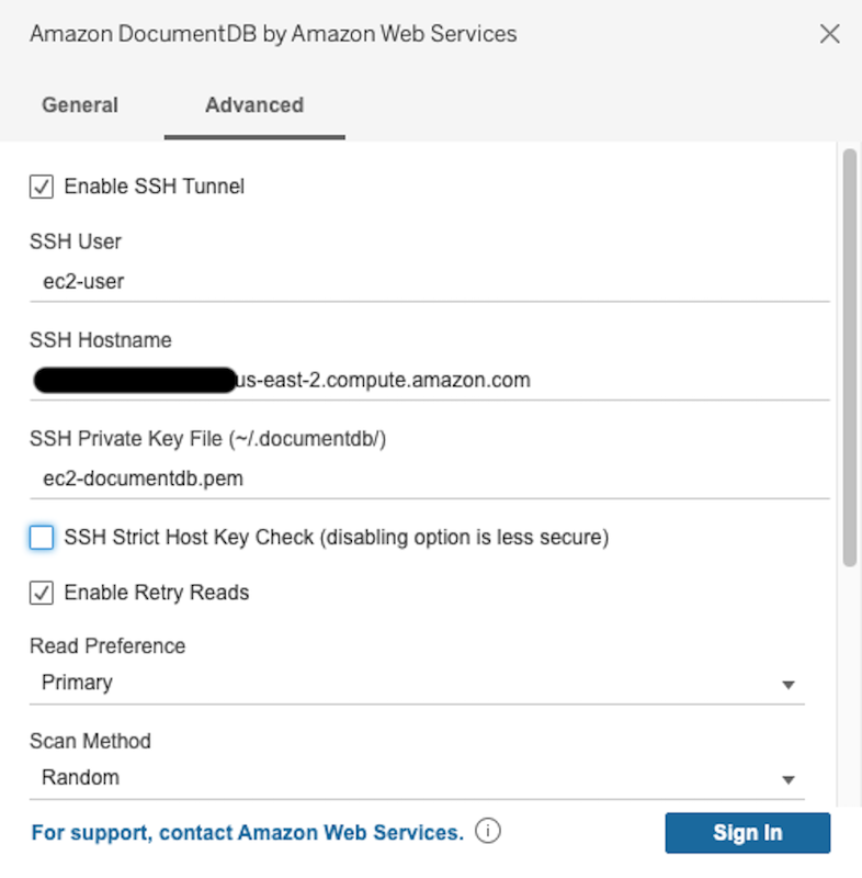 [SSH 厳密ホストキーチェック] オプションが無効になっている Amazon DocumentDB コネクタインターフェイスの [詳細設定] タブ。
