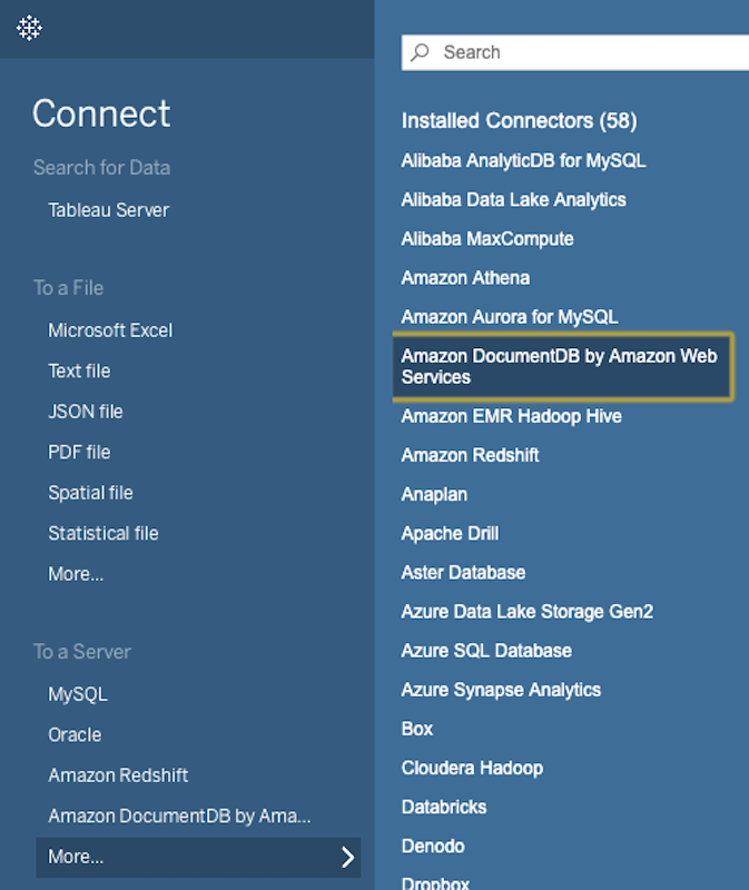 Tableau Desktop の [接続] インターフェイスには、[サーバーへ] セクションの [さらに...] サブメニューが表示されます。Amazon DocumentDB オプションは、[インストール済みコネクタ] サブメニューで強調表示されます。