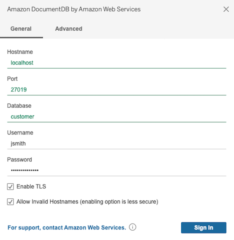 ホスト名、ポート、データベース、ユーザー名、パスワードフィールドを示す [Amazon DocumentDB コネクタ] インターフェイスの [全般] タブ。