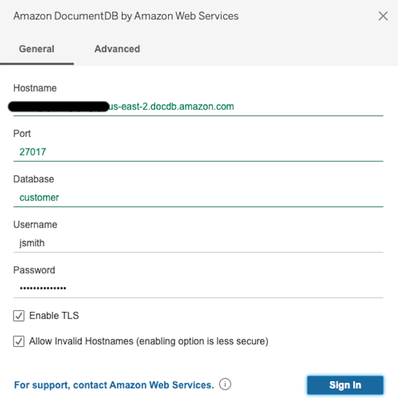 ホスト名、ポート、データベース、ユーザー名、パスワードフィールドを示す [Amazon DocumentDB コネクタ] インターフェイスの [全般] タブ。