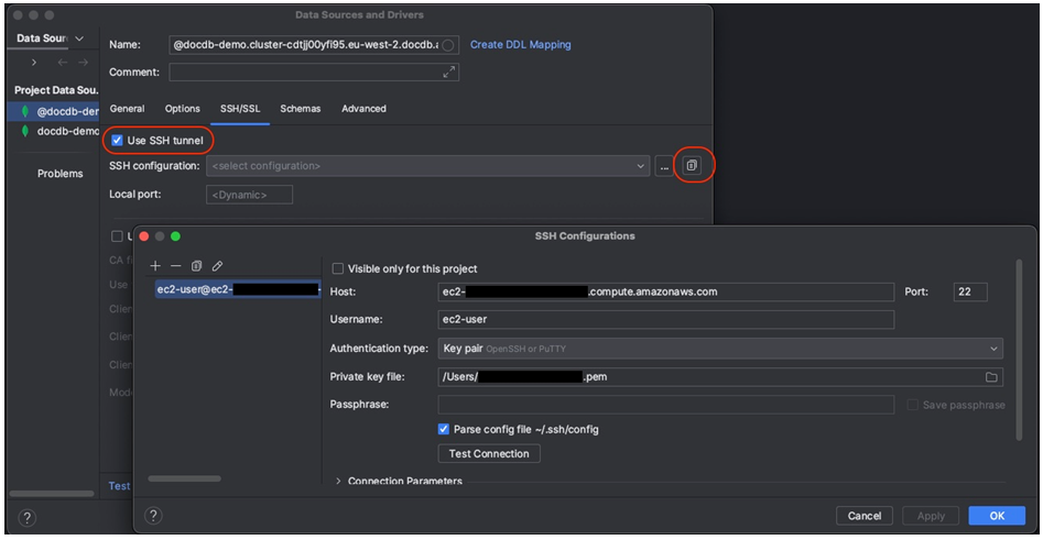 [SSH トンネルの使用] が選択され、SSH 設定アイコンが強調表示されているデータソースとドライバーインターフェイスの SSH/SSL タブ。アイコンをクリックすると、表示された SSH 設定インターフェイスが開きます。