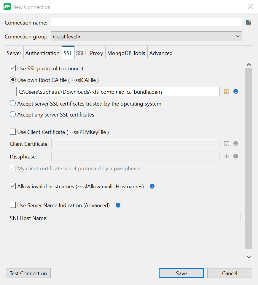 [SSL プロトコルを使用して接続する] が選択された新しい接続インターフェイスの SSL タブ。