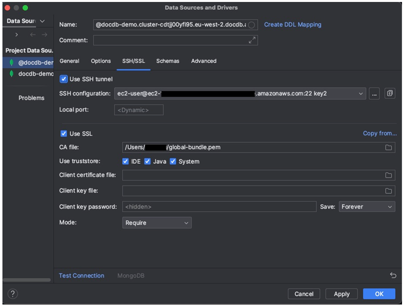 SSL 設定が有効になっているデータソースとドライバーインターフェイスの SSH/SSL タブ。