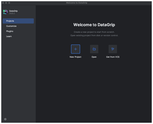 新しいプロジェクトオプションが強調表示された DataGrip ウェルカム画面。