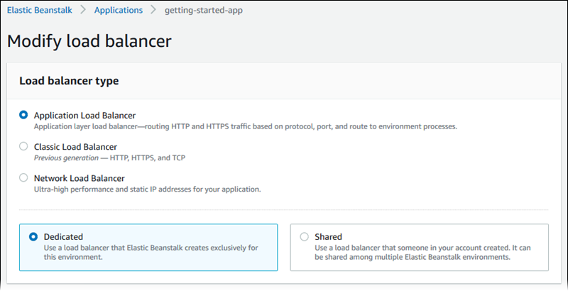 Elastic Load Balancing 設定ページ - ロードバランサータイプの選択