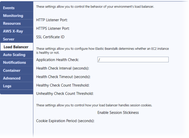 Visual Studio Toolkit for Elastic Beanstalk でのロードバランサー設定パネルのスクリーンショット