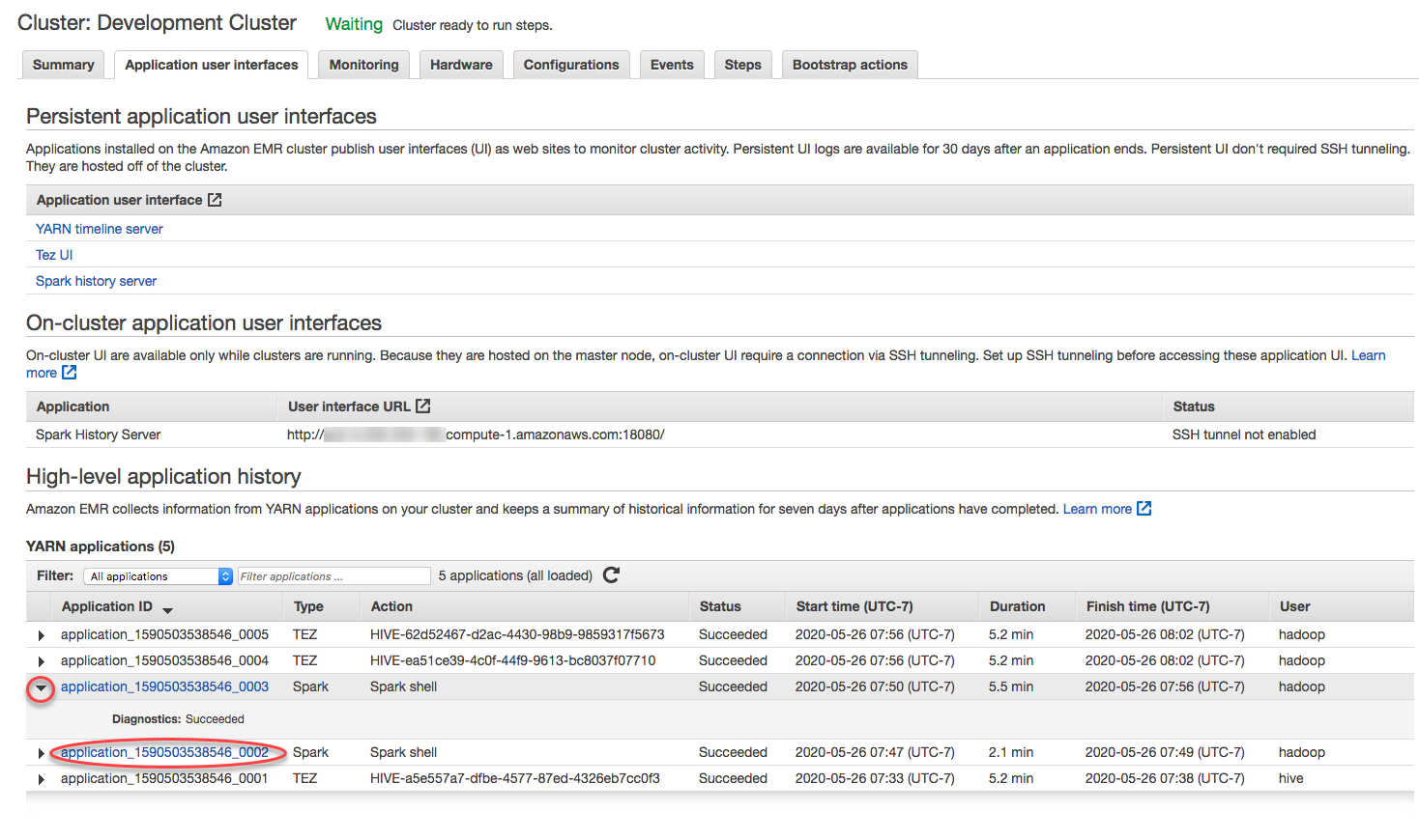 Application user interfaces tab showing persistent and on-クラスター UIs, with YARN application history.