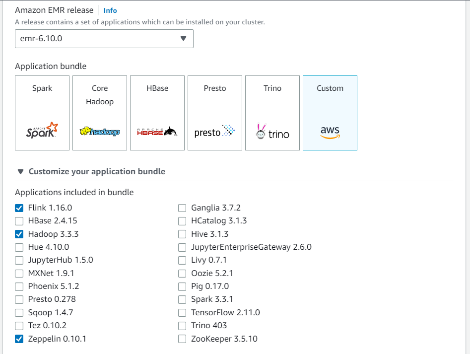 Amazon EMR コンソールで、[カスタム] オプションを使用して、アプリケーションバンドルをカスタマイズします。バンドルには、少なくとも Flink、Hadoop、Zeppelin を含めてください。