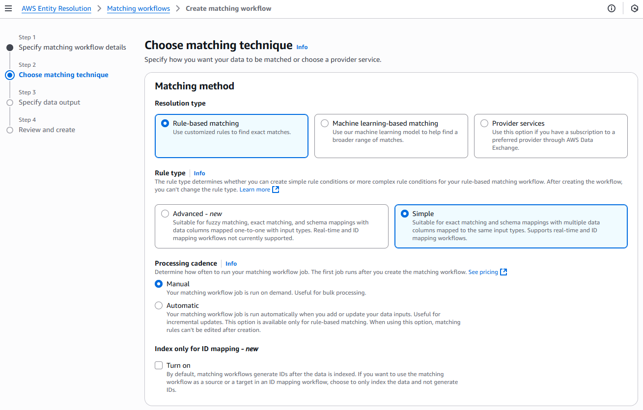 Simple rule-based matching オプションを選択して、一致するテクニック画面を選択します。