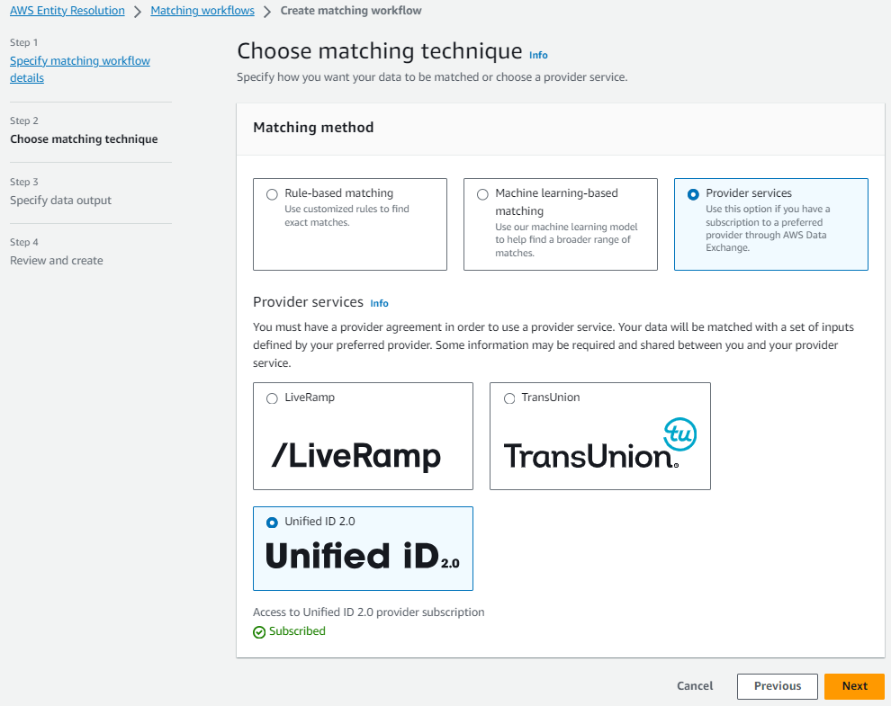 Unified ID プロバイダーサービスが選択されたプロバイダーサービスオプション。