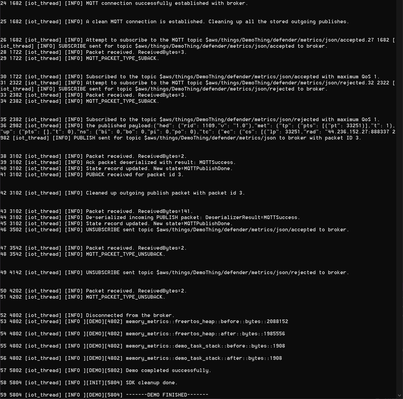 DemoThing アプリケーションの MQTT 接続、発行、メモリ使用量イベントを示すコンソールログ出力。