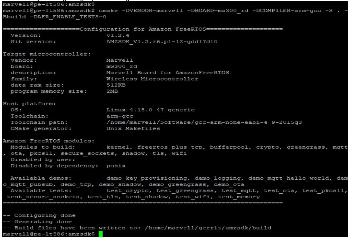 Marvell mw300_rd ワイヤレスマイクロコントローラーボードの FreeRTOS ビルド設定の詳細を示すコマンドターミナル出力。