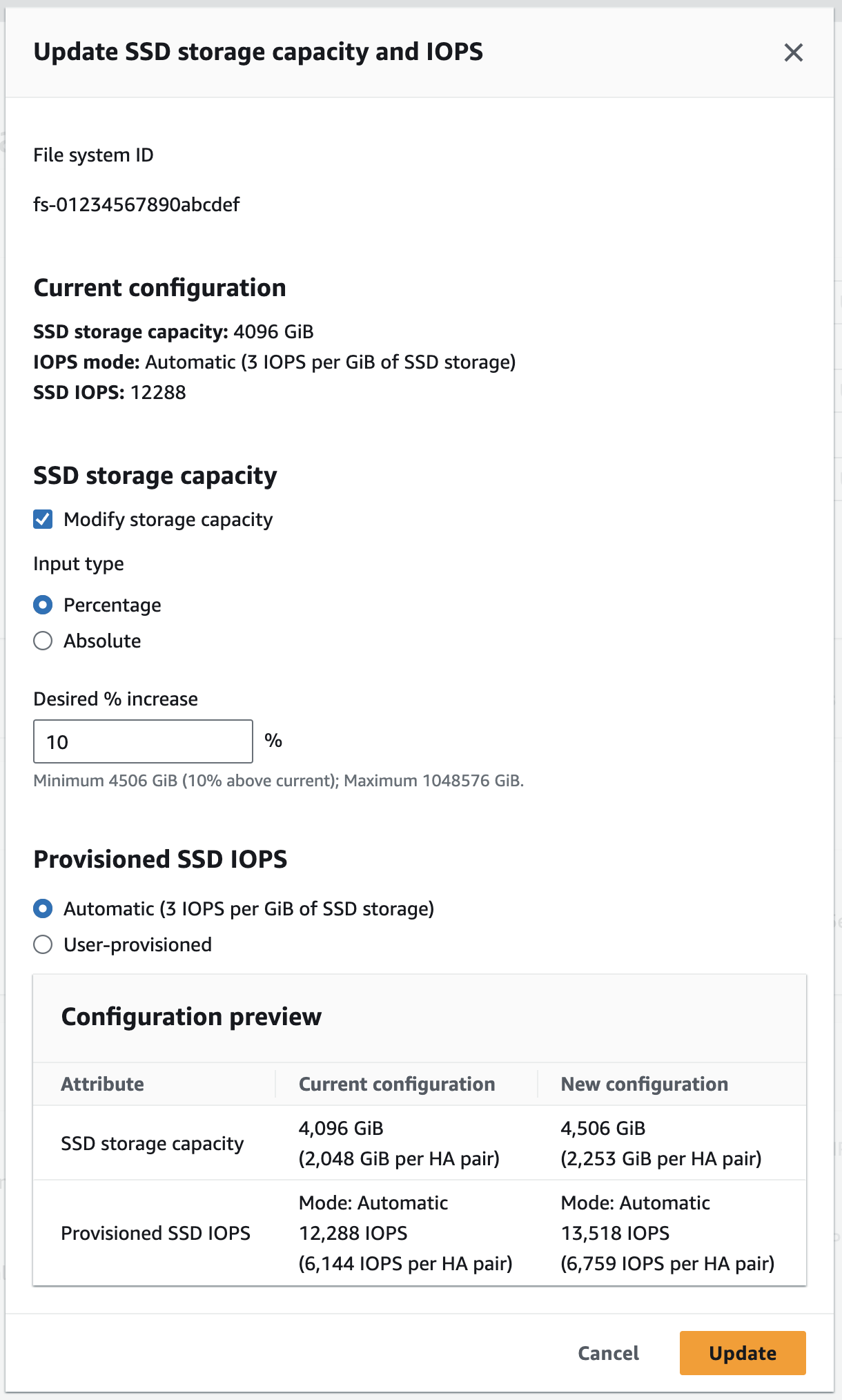 [Update SSD storage capacity and IOPS] (SSD ストレージ容量と IOPS をアップデートする) のダイアログボックスを表示するコンソール画面。