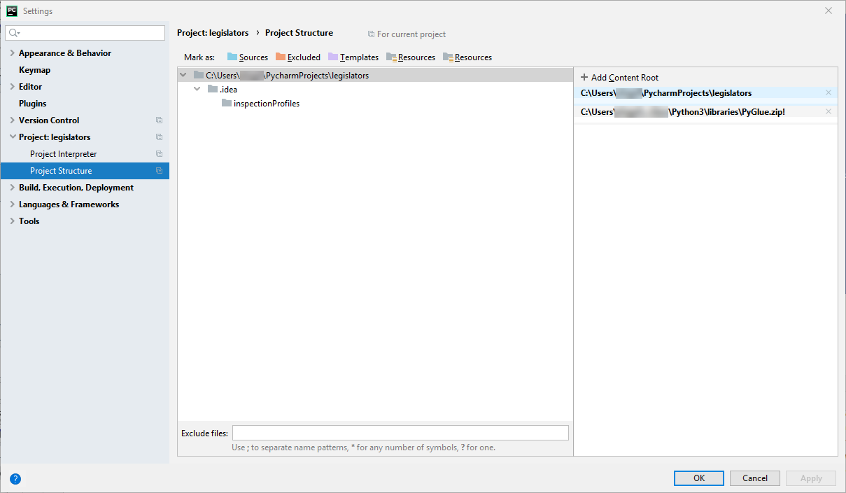PyGlue.zip がコンテンツルートとして追加された PyCharm 設定画面。