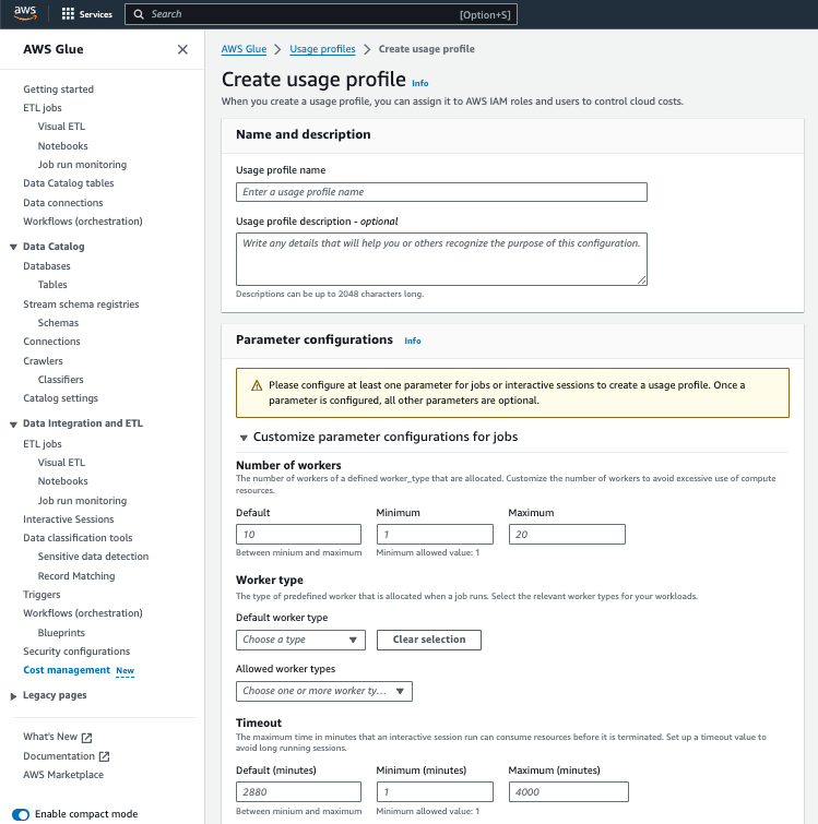 AWS Glue で使用プロファイルを作成する管理者の例。