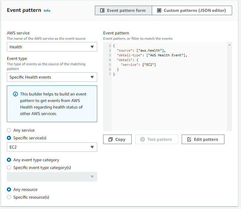 すべての Amazon EC2 イベントのみに対する EventBridge ルールを作成する方法を示すスクリーンショット。
