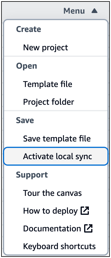 ローカル同期を有効にする が選択された Infrastructure Composer のメニュー。