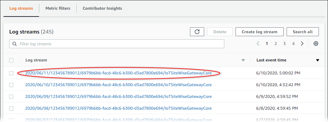 CloudWatch Logs の「ロググループ」ページのスクリーンショット。
