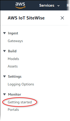 開始方法が強調表示された AWS IoT SiteWise コンソールの左側のナビゲーションペイン。