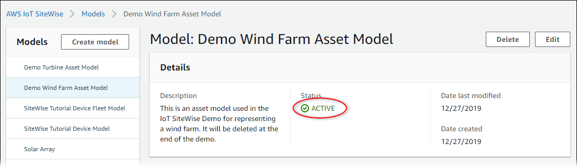 AWS IoT SiteWise アセットモデルのステータスが強調表示された「アセットモデル」ページのスクリーンショット。
