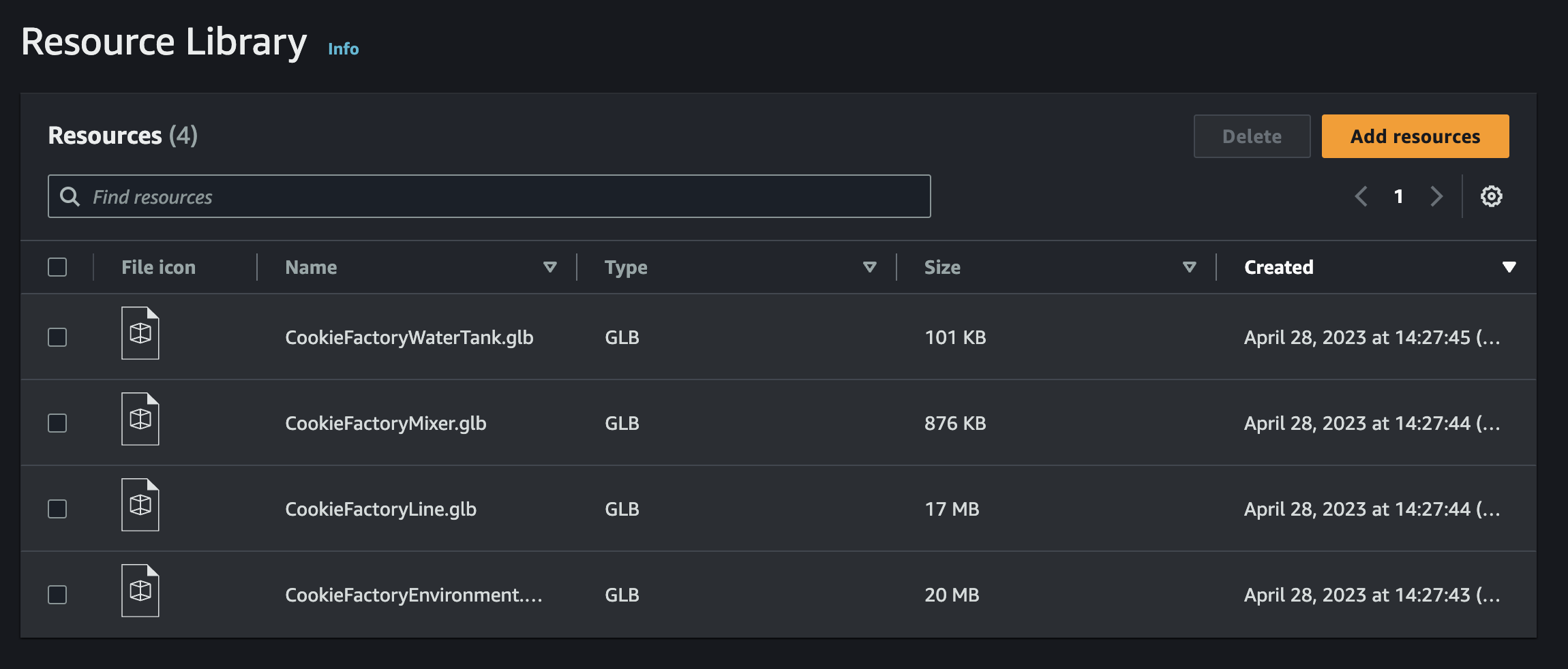 アップロード用に選択できるファイルのリストを含む Resource Library コンソールページ。