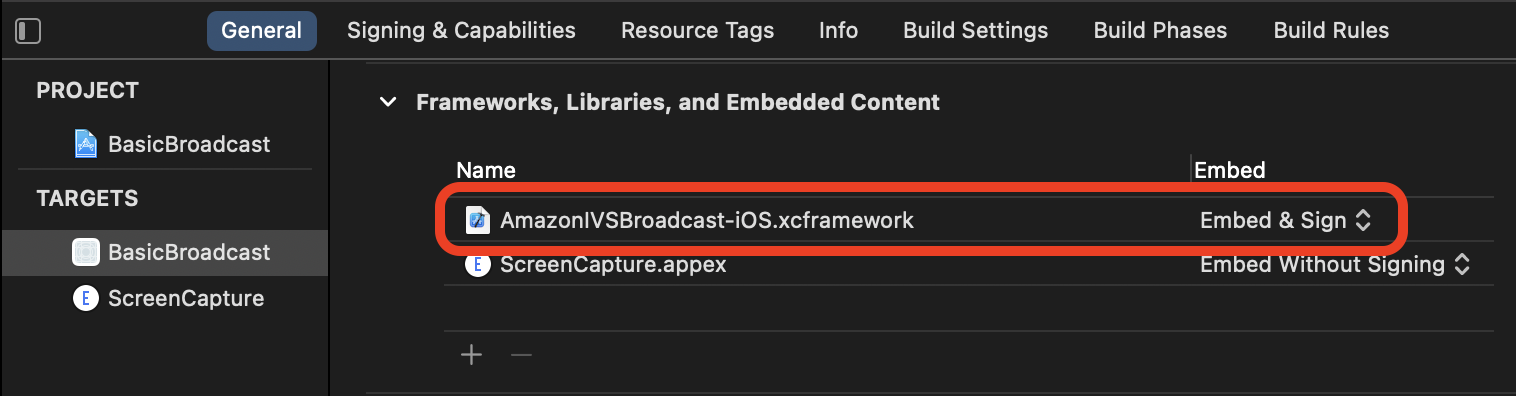 アプリケーションターゲットの [全般] タブの[Frameworks, Libraries, and Embedded Content (フレームワーク、ライブラリ、埋め込みコンテンツ)] セクション。