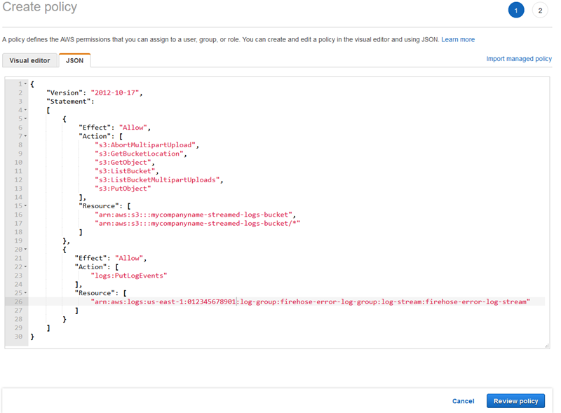 Amazon S3 へのアクセスを許可する IAM ポリシーを作成する方法を示すスクリーンショット。
