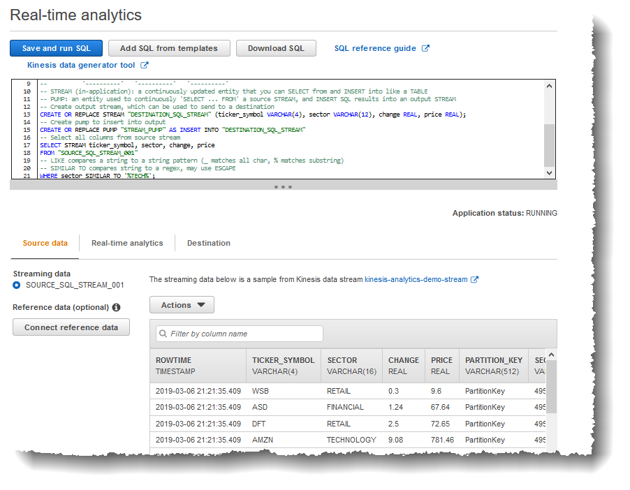 リアルタイム解析タブに結果が表示された SQL エディタのスクリーンショット。