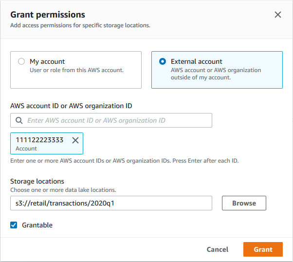 アクセス許可を付与ダイアログでは、外部アカウントのラジオボタンが選択され、 AWS アカウントが指定され、ストレージの場所が指定されています。