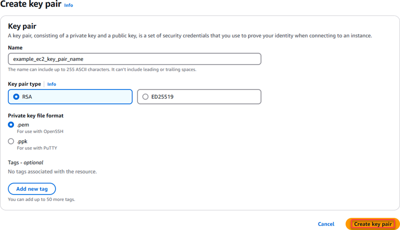 Amazon EC2 コンソールでキーペアを作成します。