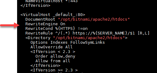 HTTP から HTTPS へのリダイレクト用に編集された Apache 設定ファイル。