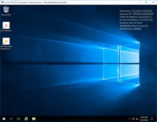 インスタンスに接続された Microsoft リモートデスクトップ接続。