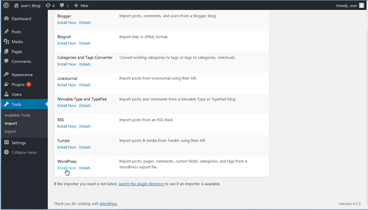 WordPress ダッシュボードでインポートツールをインストールする