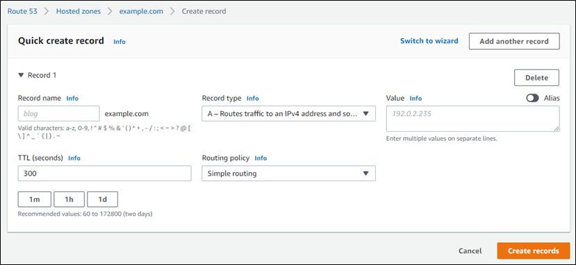 Route 53 でレコードを作成し、エイリアスが Lightsail ロードバランサーをポイントするように設定します。